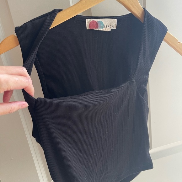 Free People Beach Square Neck Black Cropped Ribbed Daphne Tank Black Top XS - Picture 5 of 8